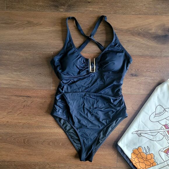 Womens M One Piece Retro Bathing Suit Tummy Control Wrap Cover Up Shirt NEW - Picture 6 of 16